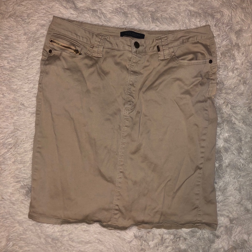 Tan skirt with Gold zipper/button details